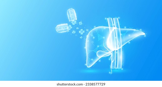 Medical sign symbol blue cross floats out capsule absorbs into the liver. Emergency medicine first aid and health care innovation treatment. Human organ translucent low poly triangles. Vector.