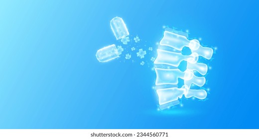 El símbolo médico de signo cruz azul flota la cápsula absorbe el hueso de la columna vertebral. Medicina de emergencia de primeros auxilios y atención de la salud de bajo vectores de triángulos de poli.