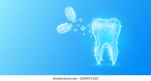 Medical sign symbol blue cross floats out capsule absorbs into the tooth. Emergency medicine first aid and health care innovation treatment. Human organ translucent low poly triangles. Vector.