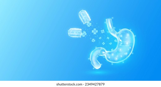 Medical sign symbol blue cross floats out capsule absorbs into the stomach. Emergency medicine first aid and health care innovation treatment. Human heart organ translucent low poly triangles. Vector.