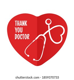 Medical sign with the text Thank you, doctor. Red paper heart with a stethoscope. Vector images.