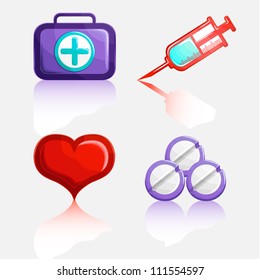 Medical signs with shadow on a white background: a syringe, pills, heart, and first aid kit.
