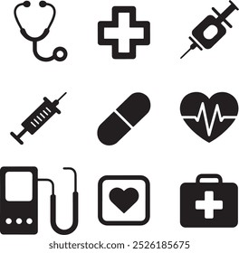 Medical Silhouette Icons Set: Stethoscope, Heartbeat, Syringe, and More.The image is a silhouette vector file featuring nine medical-related icons arranged in a 3x3 grid