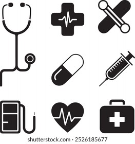 Medical Silhouette Icons Set: Stethoscope, Heartbeat, Syringe, and More.The image is a silhouette vector file featuring nine medical-related icons arranged in a 3x3 grid