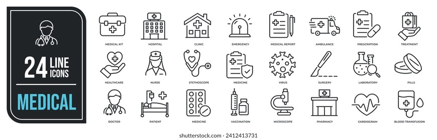 Iconos de línea delgada mínimos médicos. Salud relacionada, farmacia, medicamentos, tratamiento. Ilustración vectorial.
