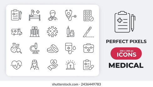 Medical simple minimal thin line icons. Related healthcare, pharmacy, medicine, treatment. Vector illustration.