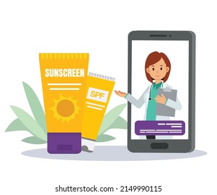 Medical Skin Care Concept .Online Consultation Medicine.Dermatologist Female Doctor On Phone Screen Recommend Sunscreen,.Flat Vector Cartoon Illustration