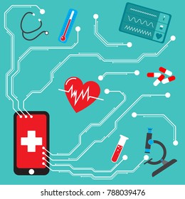 Medical smartphone. Necessary options for health monitoring. In the background an electric circuit as an analogue of precision in their actions. Illustration in flat style.