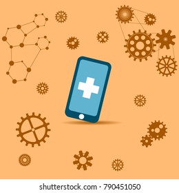 Medical smartphone on the background of gear. The concept of modern technology.