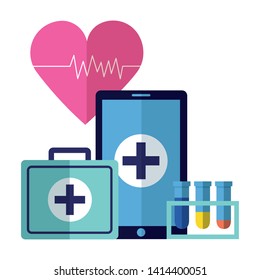 medical smartphone suitcase flasks heartbeat vector illustration