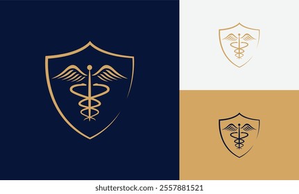 Medical Snake Caduceus Logo Sign Template Vector Isolated on Black White and Gold Background