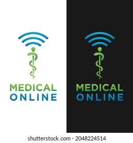 Medical Snake Caduceus with Wifi Signal Logo Design Template. Suitable for Online Digital Mobile Tech Medical Health Care Hospital Pharmacy Clinic in Modern Gradient Logo Design.