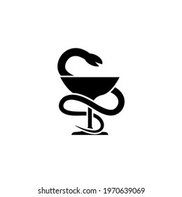 Medical Snake and Cup, Caduceus Pharma. Flat Vector Icon illustration. Simple black symbol on white background. Medical Snake Cup, Caduceus Pharma sign design template for web and mobile UI element.