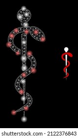 Medical snake icon and glare mesh medical snake structure with flare spots. Illuminated model created from medical snake vector icon and triangle mesh. Flare frame medical snake,