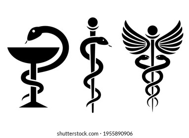 Medical snake vector icons set, caduceus snake symbol isolated on white background, medical concept