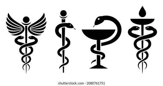 Símbolos vectores de serpiente médica, icono caduceus aislado en fondo blanco