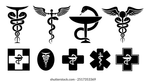 Medical snakes logo. Snake pharmacy doctor or medicine hospital symbols, serpent ambulance emblem asclepius caduceus aesculapius health chemist sign, ingenious vector illustration original artwork