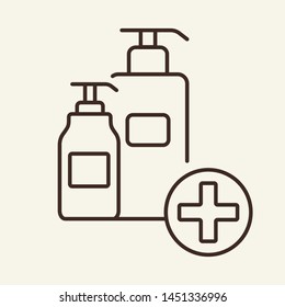 Medical soap list line icon. Cross in circle and bottles, Medicine concept. Vector illustration can be used for topics like hygiene, disinfect, hand sanitizer