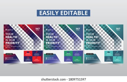 Medical social media advertising template digital marketing vector set. Modern geometrical shapes composition Healthcare square social media web banner. Hospital & Clinic promo social layout Design.