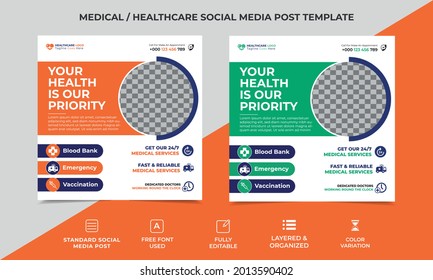 medical social media banner template design with an image placement, two color variation. Orange, green and blue are used as basic color. Vector square banner eps 10 version, fully editable, smart