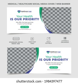 medical social media cover design, an image can be placed, green and blue color use in template, healthcare social media cover, facebook cover, medical web banner, healthcare web banner, vector eps 10