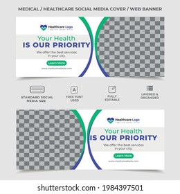 medical social media cover design, an image can be placed, green and blue color use in template, healthcare social media cover, facebook cover, medical web banner, healthcare web banner, vector eps 10