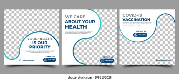 Medical social media post template. Set of promotional banners with a gradient blue frame. Vector design isolated.