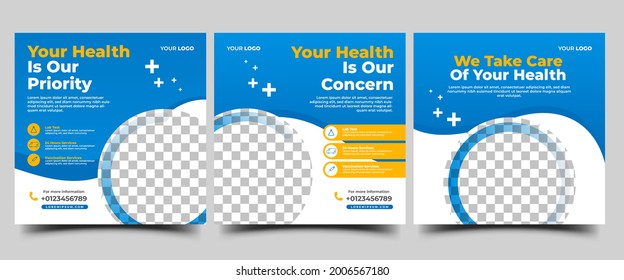 Medical Social Media Post Template Design Kollektion. Modernes Banner mit blauem und weißem Hintergrund und Platz für das Foto. Für Social Media, Banner und Website verwendbar.