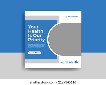 Medical social media post template. Modern banner design with blue color ribbon decoration and place for the photo. Suitable for social media, websites, flyers, and banners.