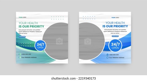 Medical social media post template design, Modern design with blue and green color gradient and glued paper texture, Usable for social media, websites, flyers, and banners.