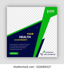 Medical Social Media Post Template. Healthcare Web Banner Ads, Green And Blue Color. Special Offers, Sales, Discounts, And Social Media Banners For Clinic Promotion.