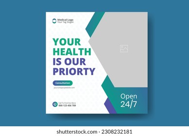 Medical social media post template. Modern banner design with blue color ribbon decoration and place for the photo. Suitable for social media, websites, flyers, and banners.