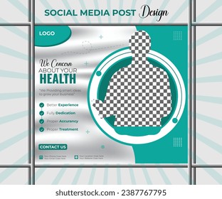 Medical social media post template. Modern banner design with blue color ribbon decoration and place for the photo. Suitable for social media, websites, 