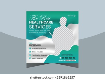 Medical social media post template. Modern banner design with blue color ribbon decoration and place for the photo. Suitable for social media, websites, flyers, and banners.