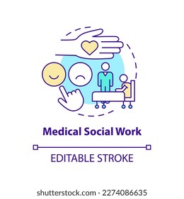 Icono de concepto de trabajo social médico. Proveedor de servicios calificado. Ilustración en línea delgada de la idea abstracta del servicio de atención de la salud en el hogar. Dibujo de contorno aislado. Trazo editable. Fuentes Arial, Myriad Pro-Bold utilizadas