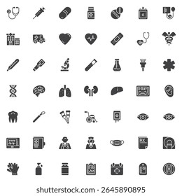 Medical solid glyph icons set. Vector symbol pack featuring stethoscope, syringe, pills, ambulance, heart, brain, lungs, liver, X-ray, wheelchair, nurse, mask, gloves, hospital sign icons.