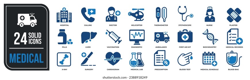 Colección de iconos sólidos médicos. Contiene íconos de hospital, médico, termómetro, farmacia, etc. Para diseño de marketing de sitios web, logotipo, aplicación, plantilla, ui, etc. Ilustración vectorial.