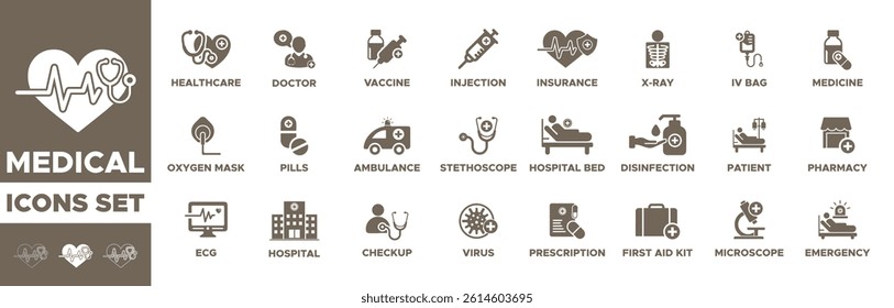 Medical Solid icons set, vaccine, doctor, healthcare, pills, IV bag, pharmacy, patient, virus, first aid kit, hospital, medicine, ECG, stethoscope, x-ray, oxygen mask . Editable solid Medical icons.