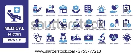 Medical solid vector glyph icon set including hospital clinic, doctor profile, vaccine medicine, first aid kit, ambulance vehicle, stethoscope, and heart care for healthcare service.