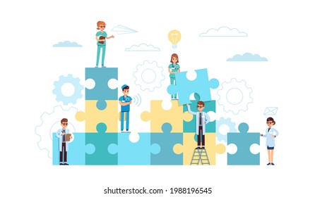 Medical solution. Cartoon doctors searching ways to treat diseases. Physicians of different specialties and puzzle. Hospital employees work together for solving problems. Vector teamwork