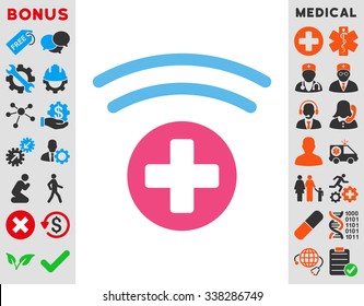 Medical Source vector icon with bonus. Style is bicolor flat symbol, pink and blue colors, rounded angles, white background.