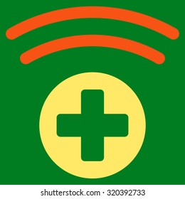 Medical Source vector icon. Style is bicolor flat symbol, orange and yellow colors, rounded angles, green background.