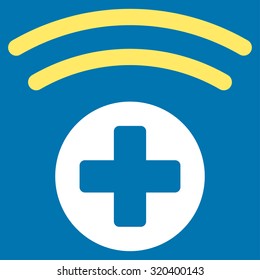 Medical Source vector icon. Style is bicolor flat symbol, yellow and white colors, rounded angles, blue background.