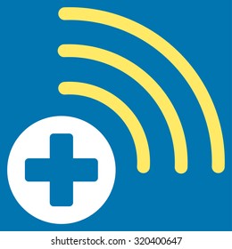 Medical Source vector icon. Style is bicolor flat symbol, yellow and white colors, rounded angles, blue background.