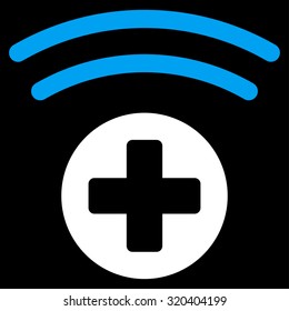 Medical Source vector icon. Style is bicolor flat symbol, blue and white colors, rounded angles, black background.