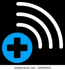 Medical Source vector icon. Style is bicolor flat symbol, blue and white colors, rounded angles, black background.