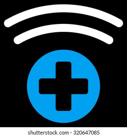 Medical Source vector icon. Style is bicolor flat symbol, blue and white colors, rounded angles, black background.