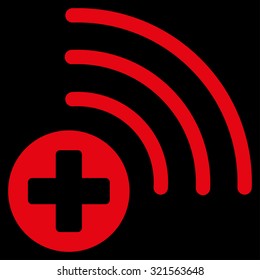 Medical Source vector icon. Style is flat symbol, red color, rounded angles, black background.
