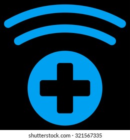 Medical Source vector icon. Style is flat symbol, blue color, rounded angles, black background.