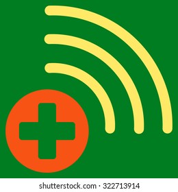 Medical Source vector icon. Style is bicolor flat symbol, orange and yellow colors, rounded angles, green background.